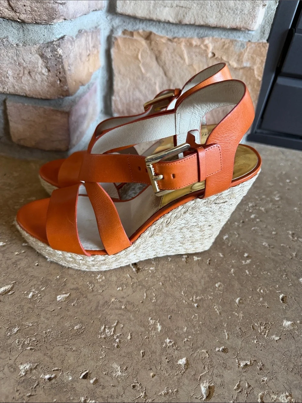 Michael Kors Orange Leather Espadrille Wedge Sandals with Gold Buckle